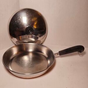 MCM Revere Ware 9 Inch Fry Skillet Copper Clad Stainless Steel Pan w Lid USA